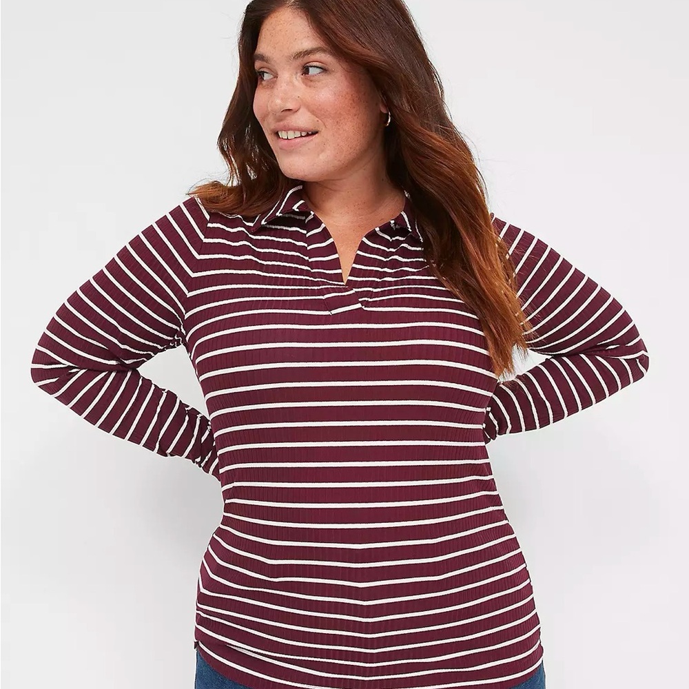 Lane Bryant Maroon and White Striped Long Sleeve Top